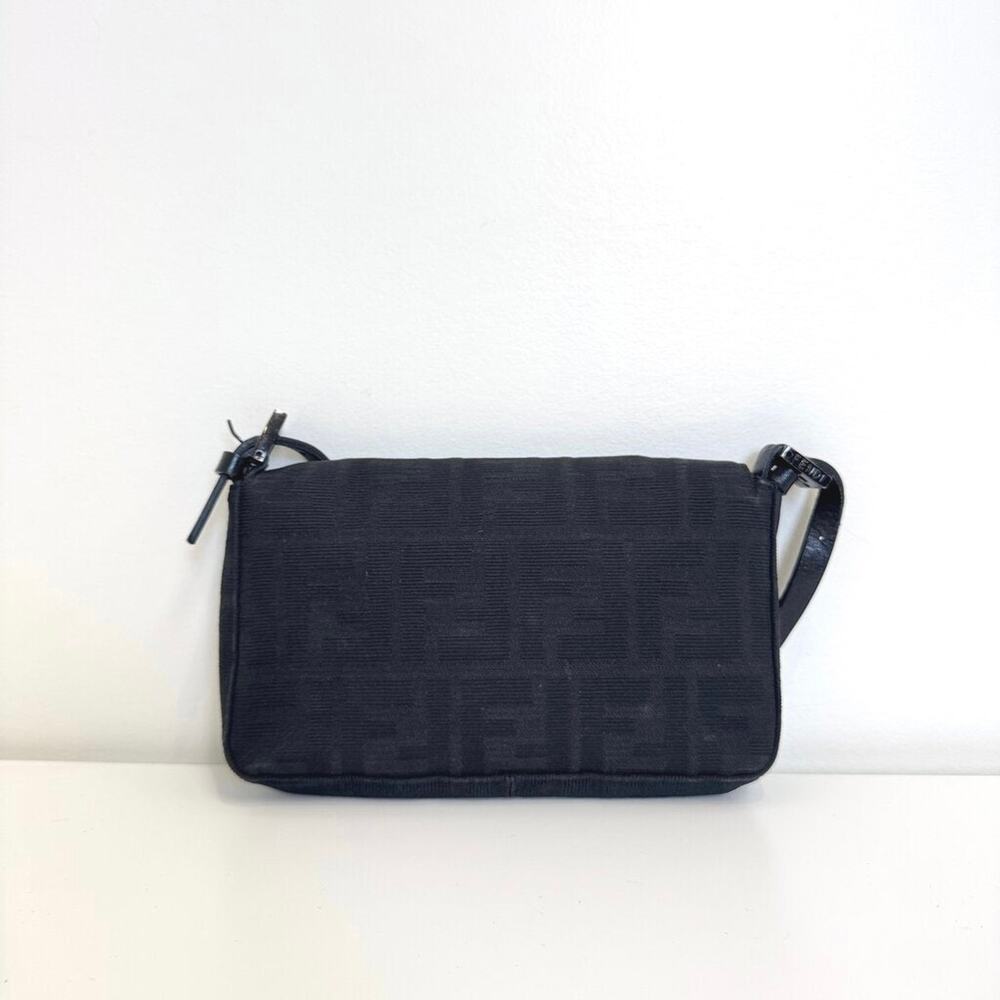 FENDI Black Zucca Monogram Mini Baguette Bag Gunmetal FF Logo Hardware Handbag - Picture 2 of 12